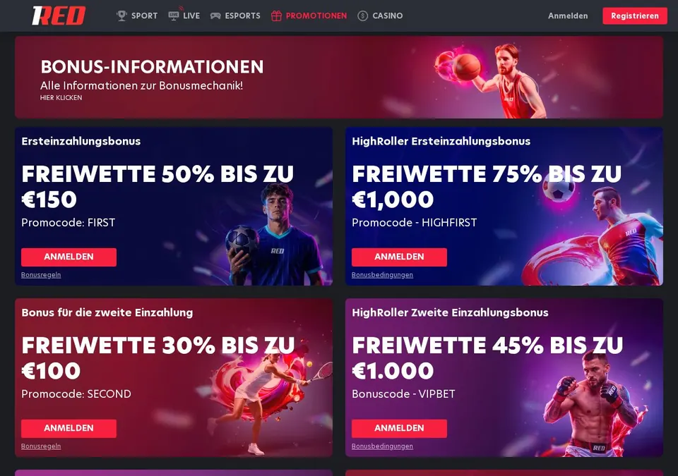 1Red Casino: Bonusseite (Screenshot von www.1red.com)