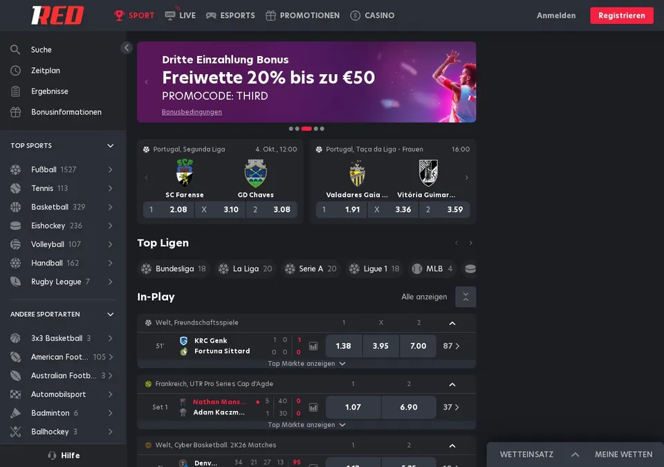 1Red Casino: Startseite (Screenshot von www.1red.com)