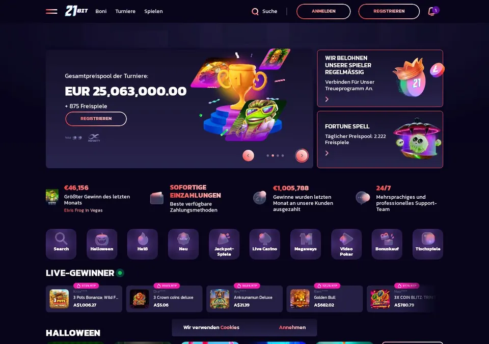 21Bit Casino: Startseite (Screenshot von www.21bit.com)