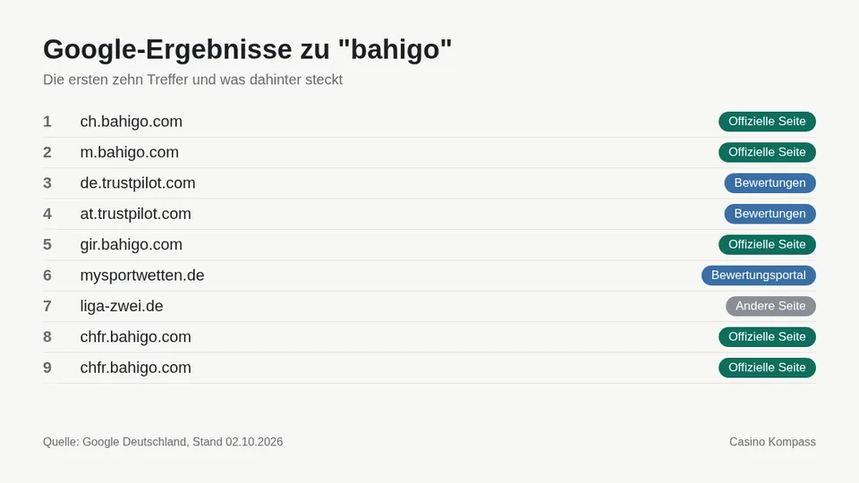 Google-Ergebnisse zu bahigo mit Einordnung der Websites