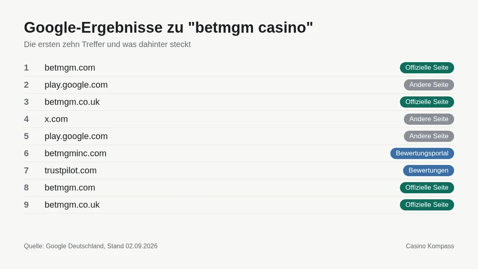 Google-Ergebnisse zu betmgm casino mit Einordnung der Websites
