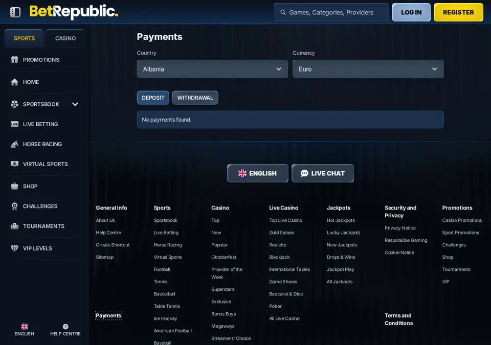 BetRepublic: Kassenseite mit Zahlungsmethoden (Screenshot von betrepublic.com)