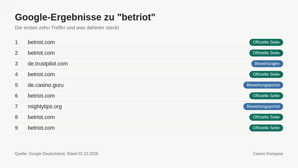 Google-Ergebnisse zu betriot mit Einordnung der Websites