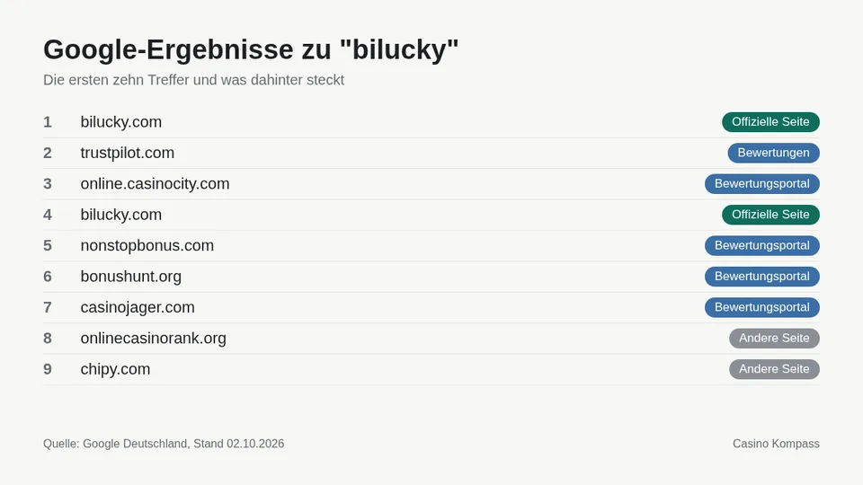 Google-Ergebnisse zu bilucky mit Einordnung der Websites