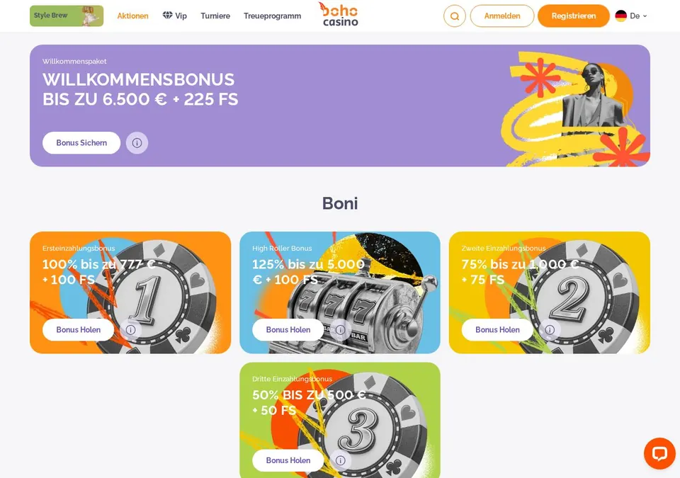 Boho Casino: Bonusseite (Screenshot von bohocasino.com)