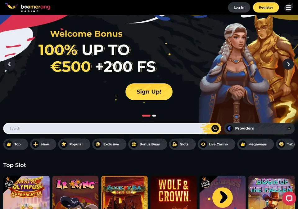Boomerang Casino: Startseite (Screenshot von boomerang-casino.com)