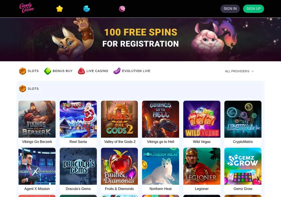 Candy Casino: Startseite (Screenshot von candy-casino.vip)