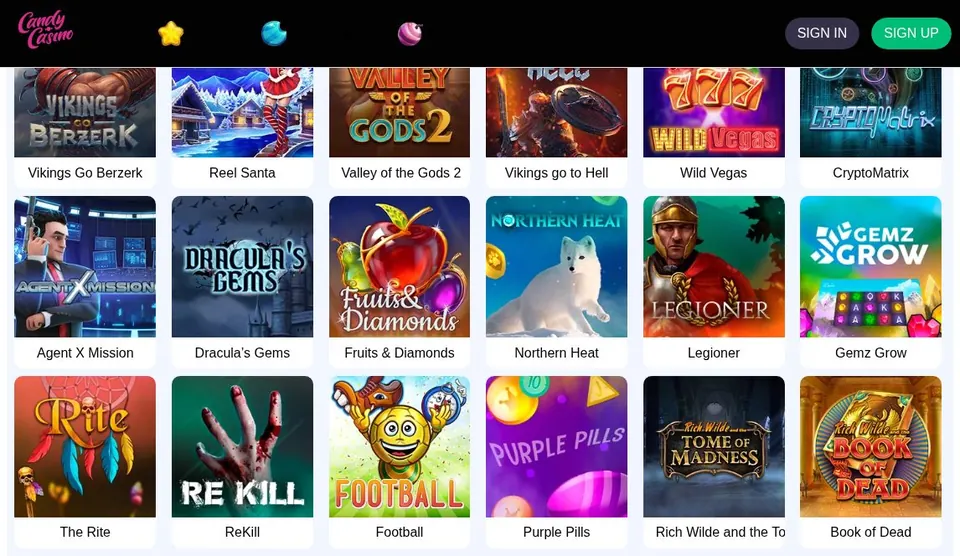 Candy Casino: Spielelobby (Screenshot von candy-casino.vip)
