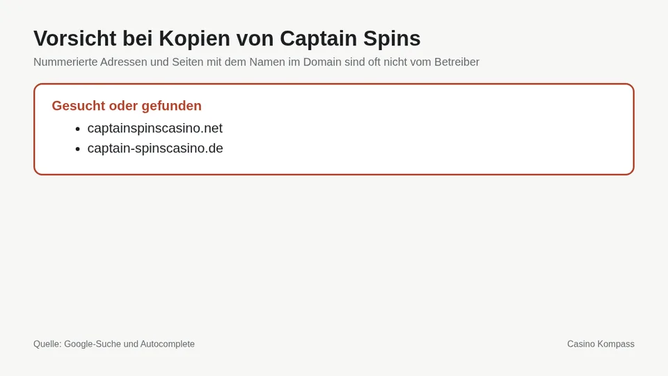 Warnung vor Kopien und Spiegelseiten von Captain Spins