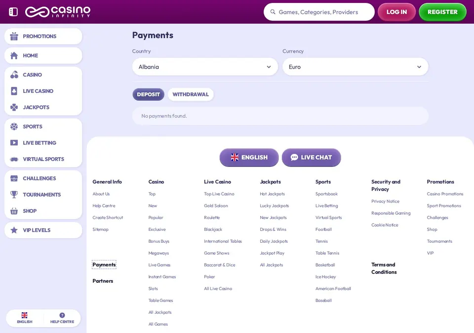Casinoinfinity: Kassenseite mit Zahlungsmethoden (Screenshot von casinoinfinity.com)
