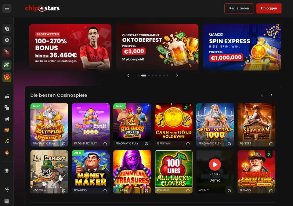 Chipstars: Startseite (Screenshot von chipstars.bet)