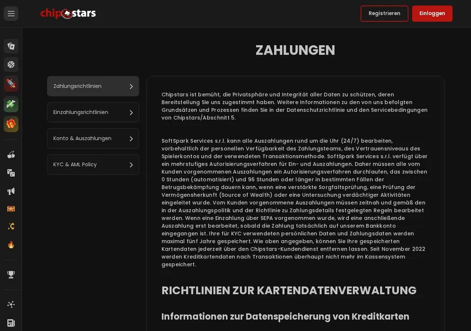 Chipstars: Kassenseite mit Zahlungsmethoden (Screenshot von chipstars.bet)