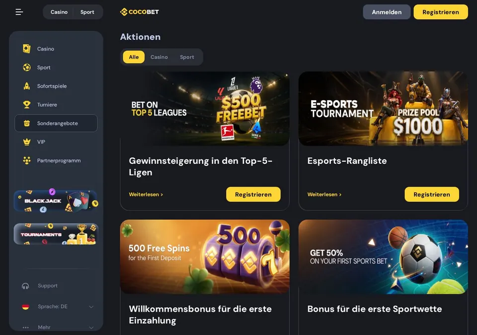 Cocobet: Bonusseite (Screenshot von cocobet.com)