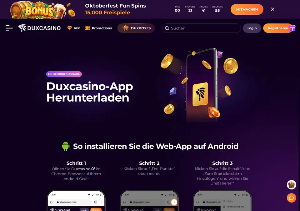 Dux Casino: App-Seite (Screenshot von www.duxcasino.com)
