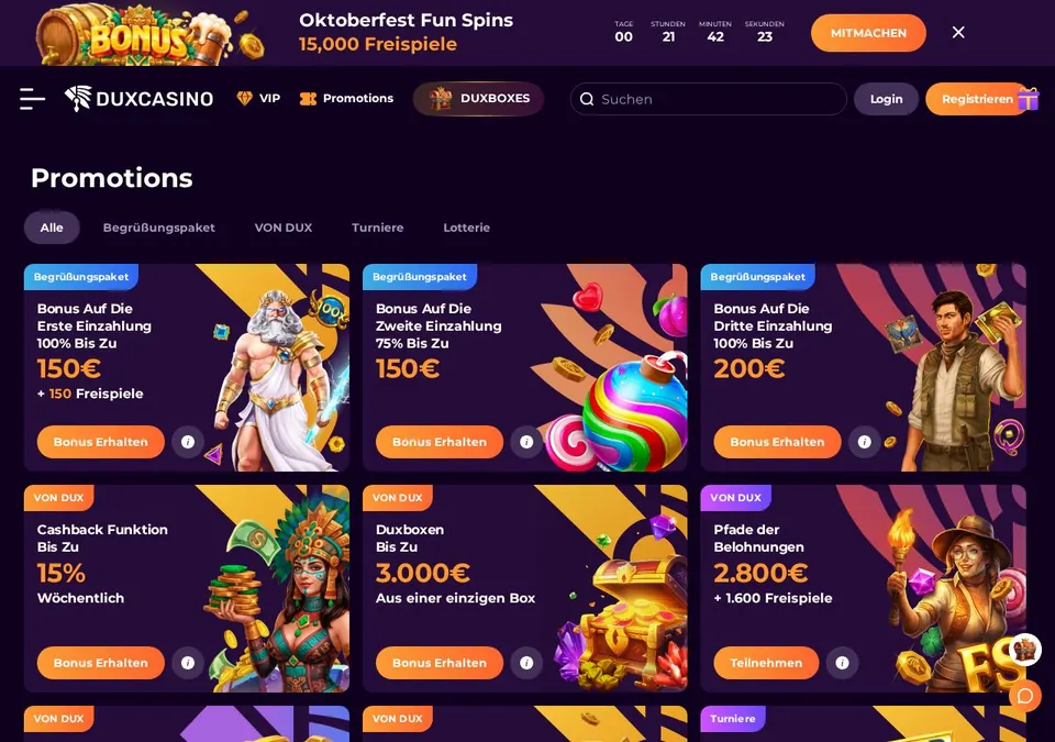 Dux Casino: Bonusseite (Screenshot von www.duxcasino.com)
