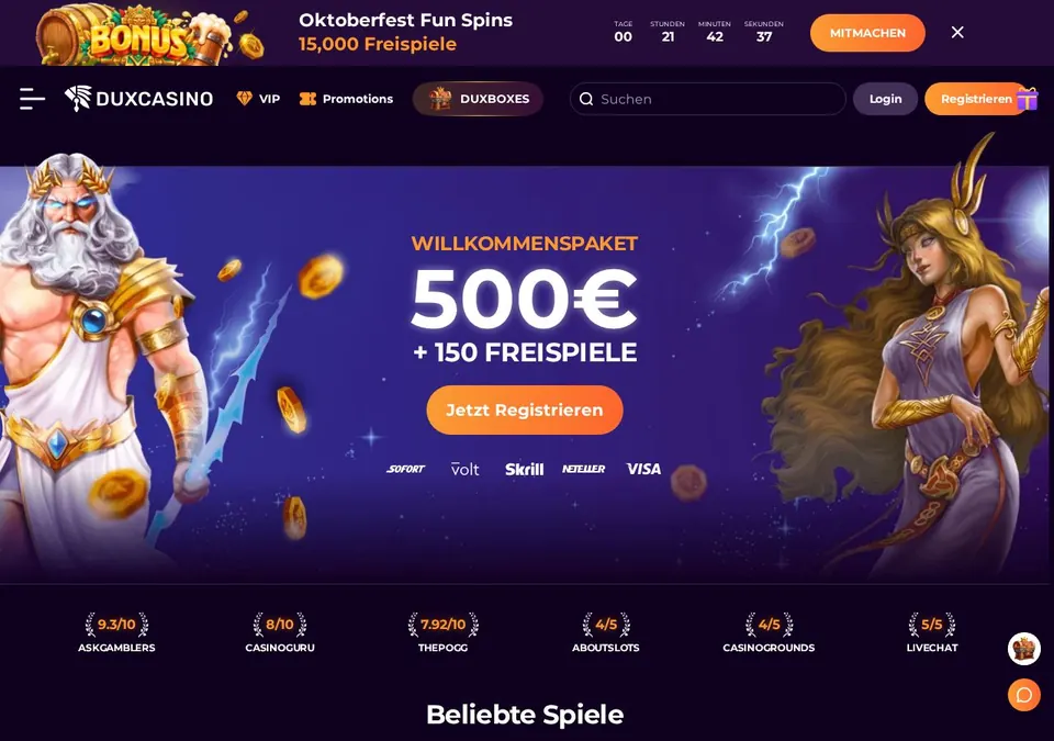 Dux Casino: Startseite (Screenshot von www.duxcasino.com)