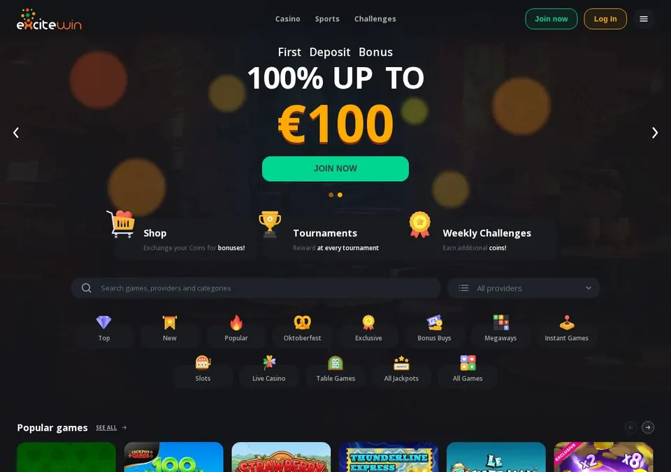 Excitewin Casino: Startseite (Screenshot von excitewin.com)