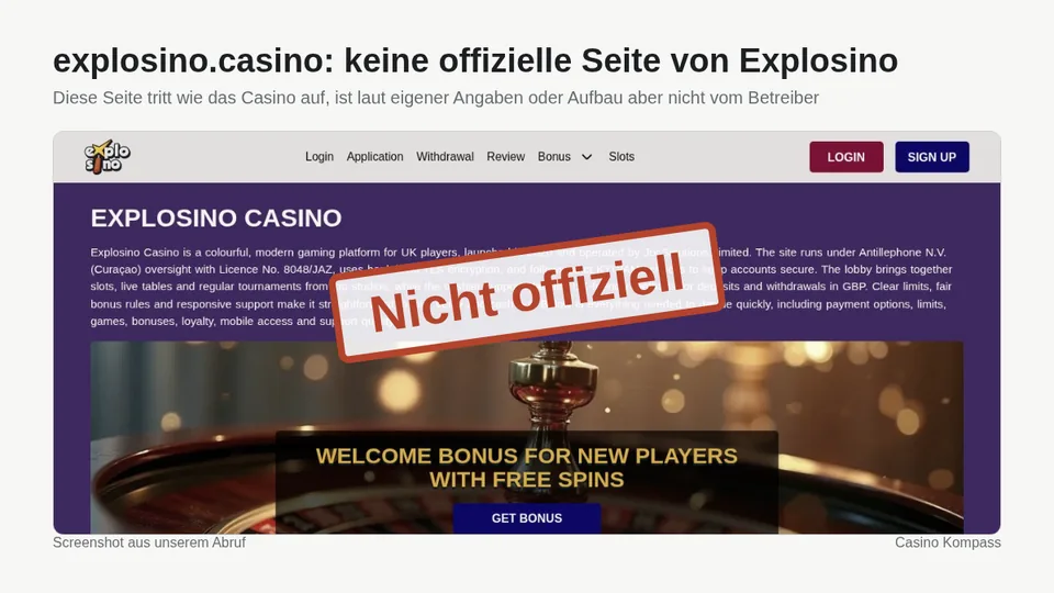 Screenshot von explosino.casino: keine offizielle Seite von Explosino