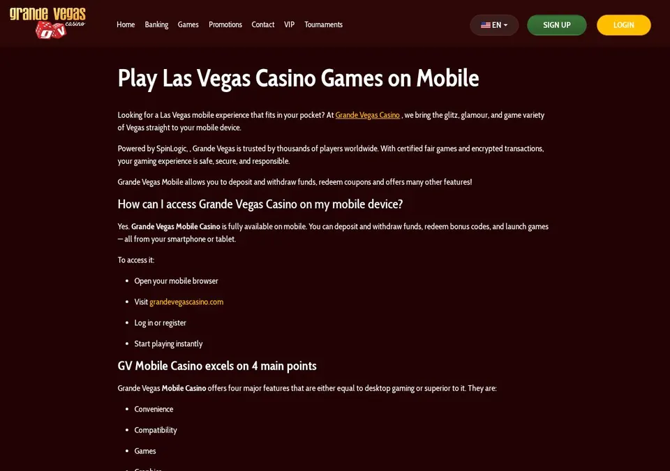 Grande Vegas casino: App-Seite (Screenshot von www.grandevegascasino.com)