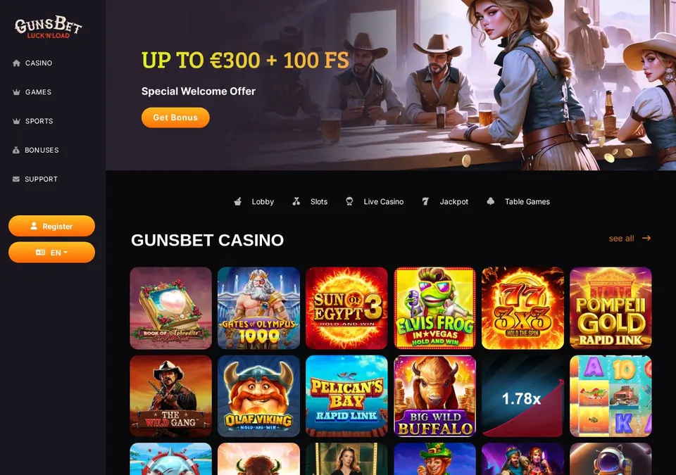 Gunsbet Casino: Startseite (Screenshot von gunsbet.com)