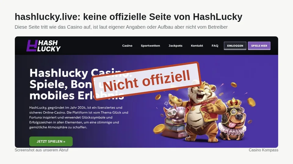 Screenshot von hashlucky.live: keine offizielle Seite von HashLucky