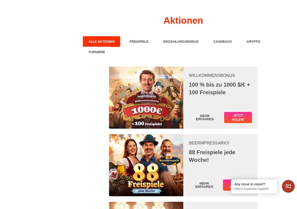 Impressario Casino: Bonusseite (Screenshot von impressariocasino.com)
