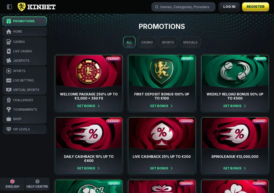 kinbet: Bonusseite (Screenshot von kinbet.com)