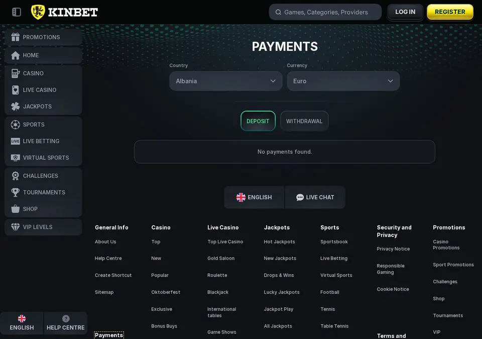 kinbet: Kassenseite mit Zahlungsmethoden (Screenshot von kinbet.com)
