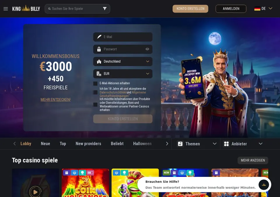 King Billy: Startseite (Screenshot von kingbillycasino19.com)