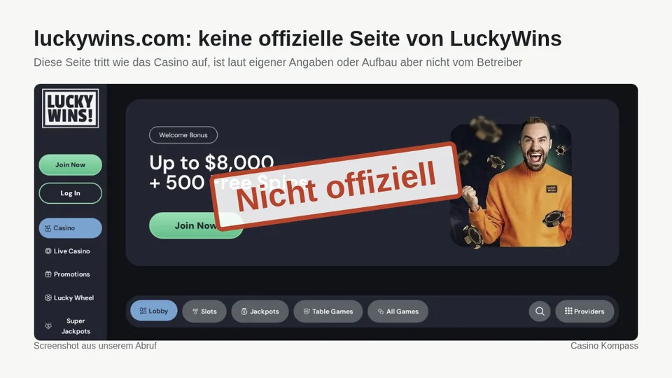 Screenshot von luckywins.com: keine offizielle Seite von LuckyWins
