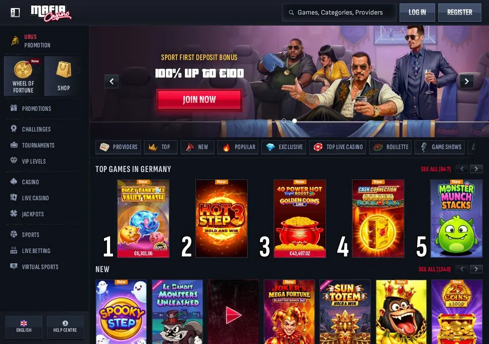 Mafia casino: Startseite (Screenshot von mafiacasino.com)