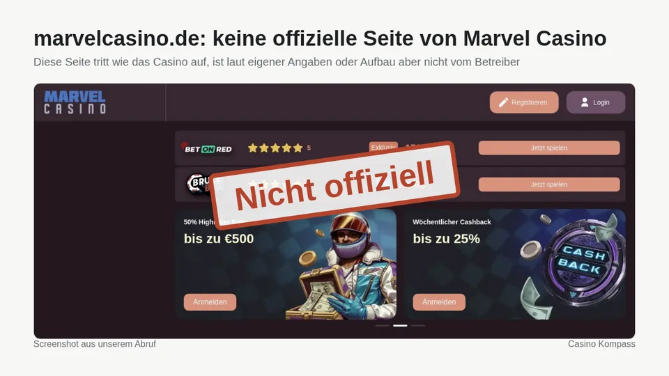 Screenshot von marvelcasino.de: keine offizielle Seite von Marvel Casino