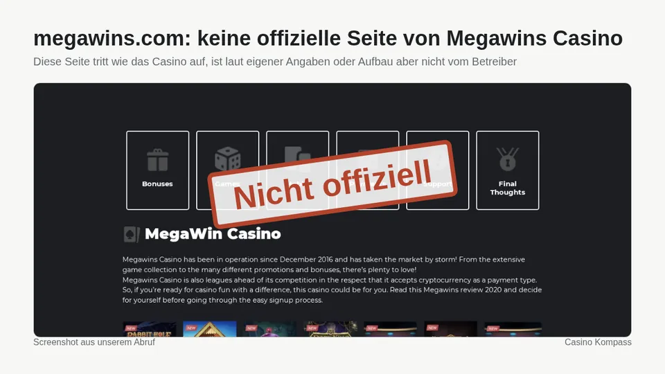 Screenshot von megawins.com: keine offizielle Seite von Megawins Casino