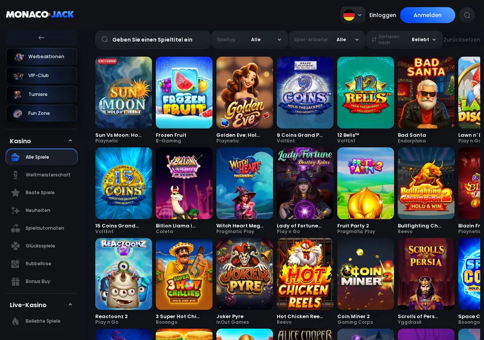 monaco jack: Spieleübersicht (Screenshot von monacojack.com)