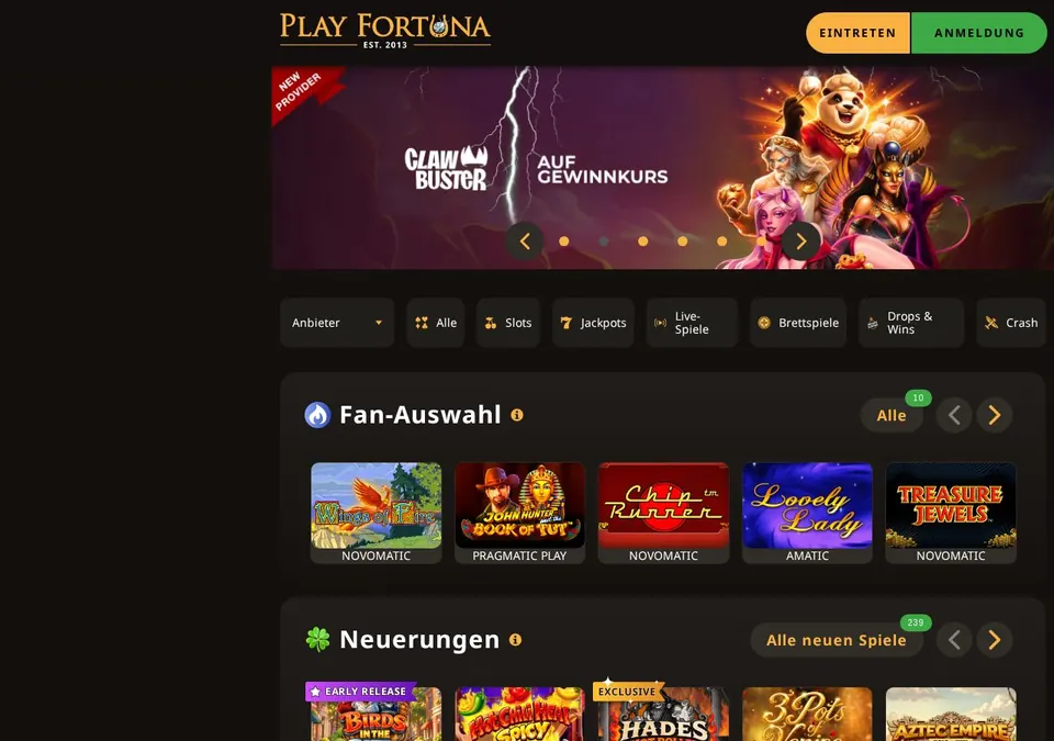 Play Fortuna: Startseite (Screenshot von playfortuna.com)