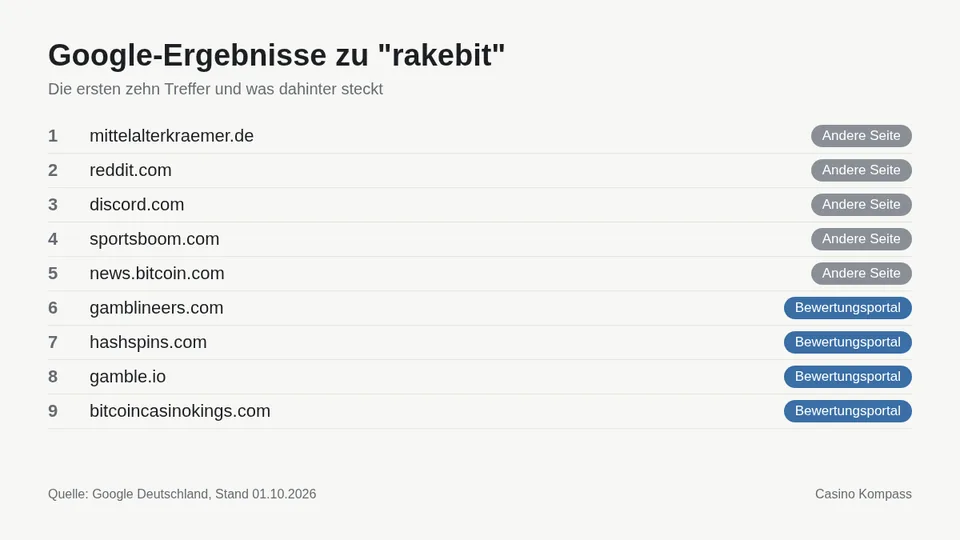 Google-Ergebnisse zu rakebit mit Einordnung der Websites