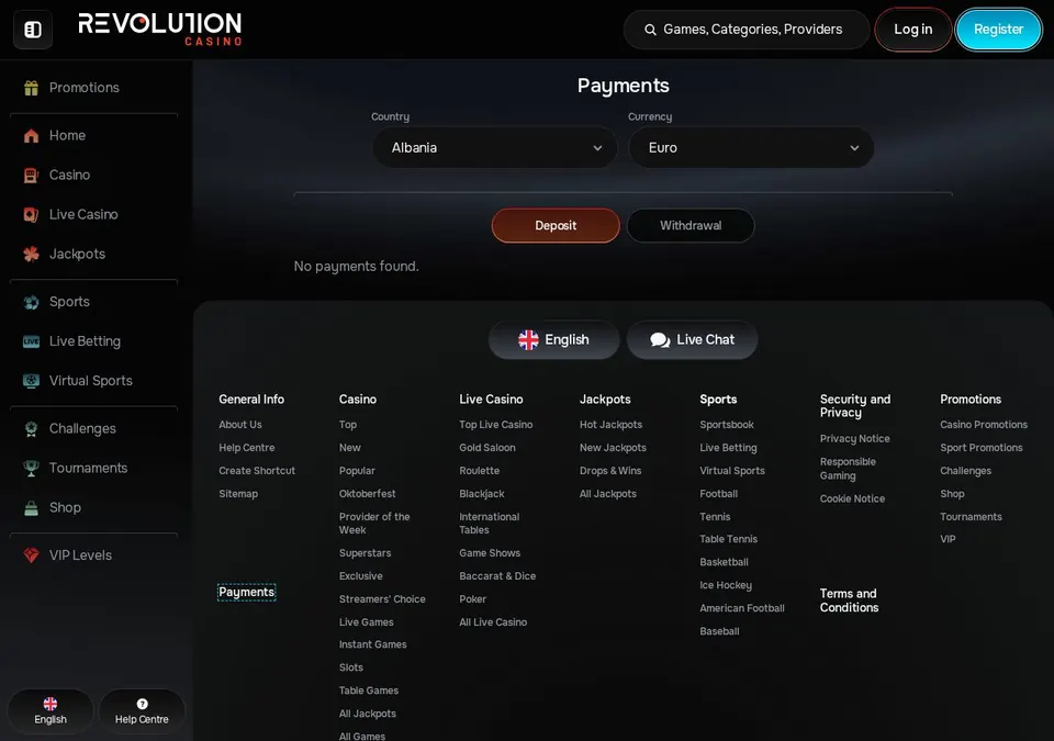 Revolution Casino: Kassenseite mit Zahlungsmethoden (Screenshot von revolutioncasino.com)