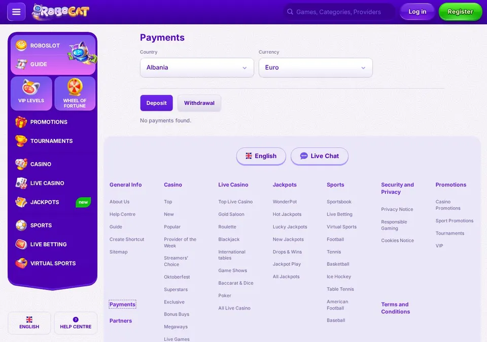 RoboCat: Kassenseite mit Zahlungsmethoden (Screenshot von robocat.com)
