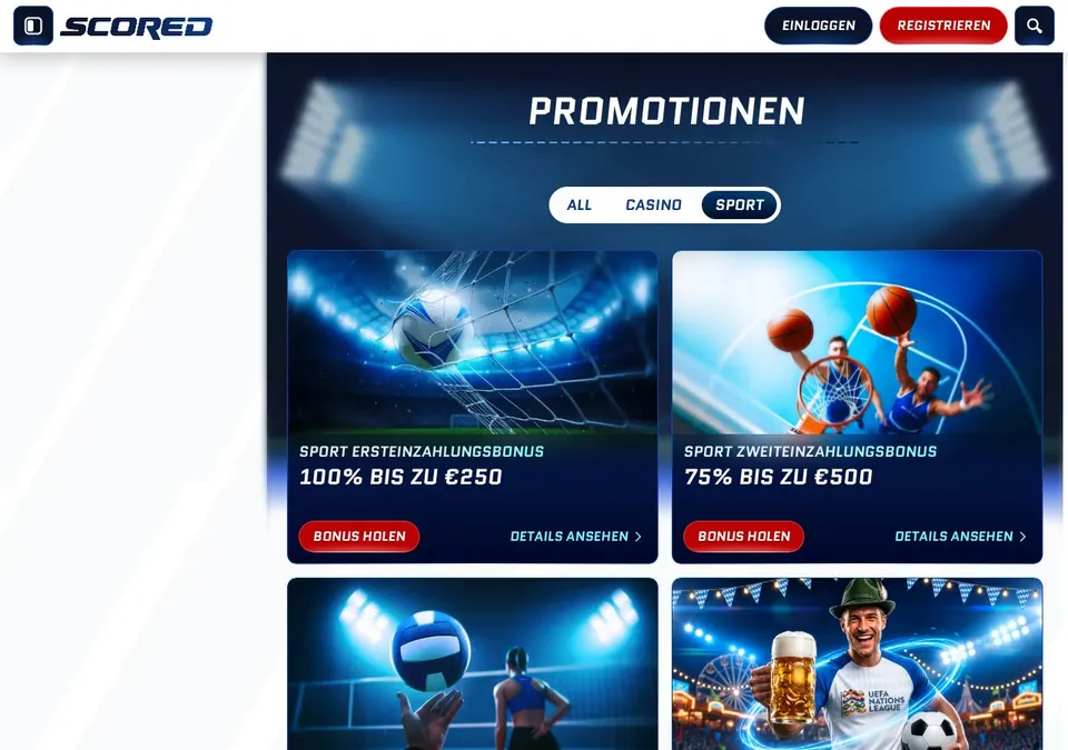 Scored Casino: Bonusseite (Screenshot von www.scored.com)