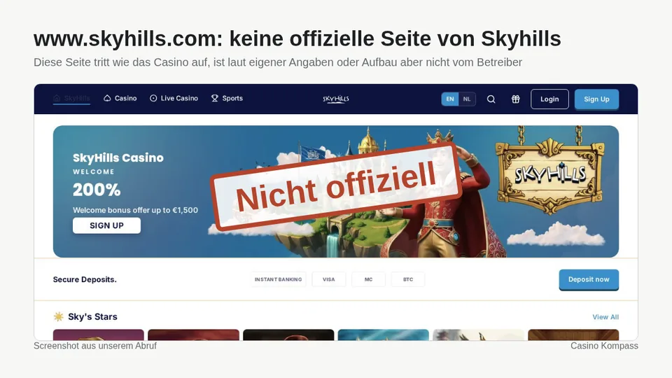 Screenshot von www.skyhills.com: keine offizielle Seite von Skyhills