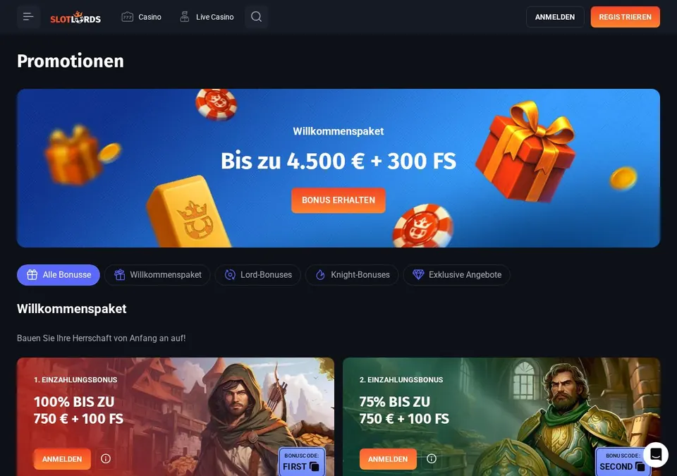 SlotLords casino: Bonusseite (Screenshot von www.slotlords.com)