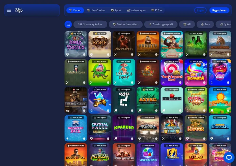 slotneo: Bonusseite (Screenshot von slotneo.com)