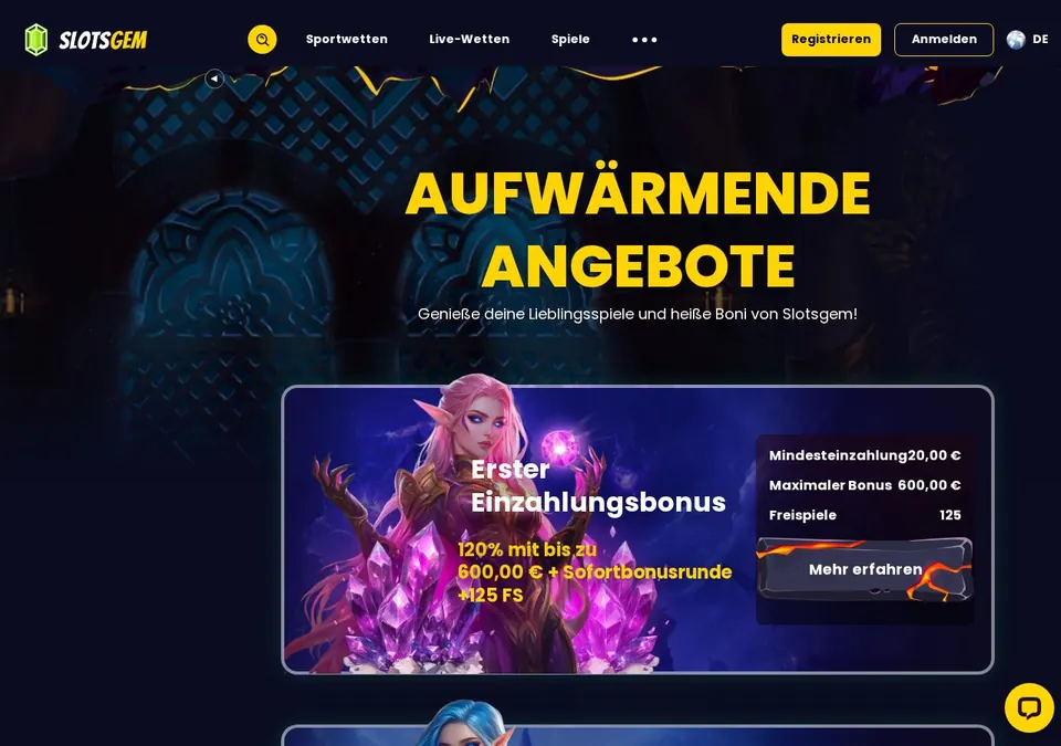 SlotsGem: Bonusseite (Screenshot von slotsgem.com)