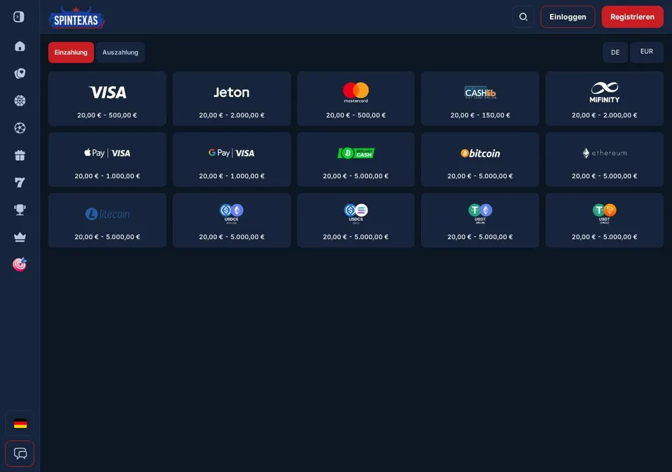 Spintexas: Kassenseite mit Zahlungsmethoden (Screenshot von spintexas.com)