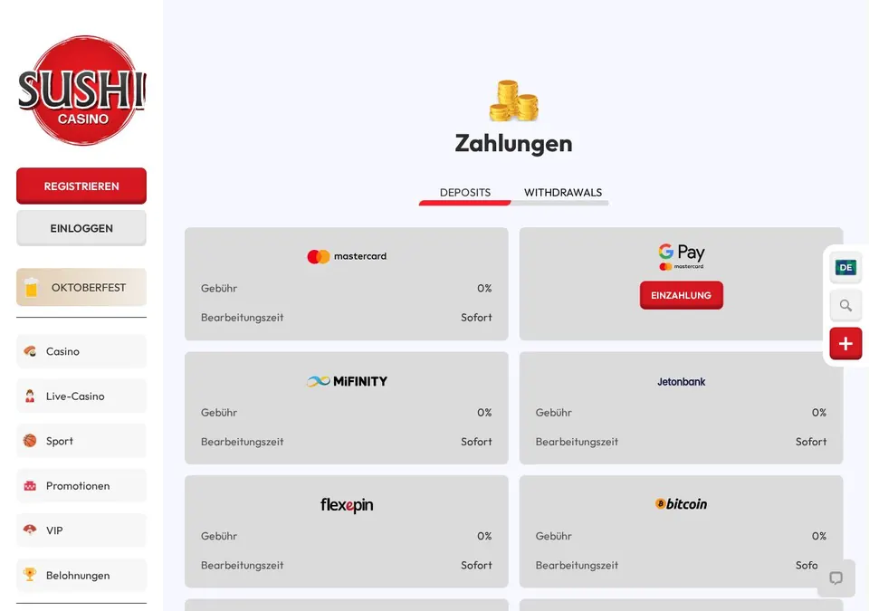 Sushi casino: Kassenseite mit Zahlungsmethoden (Screenshot von www.sushicasino.com)