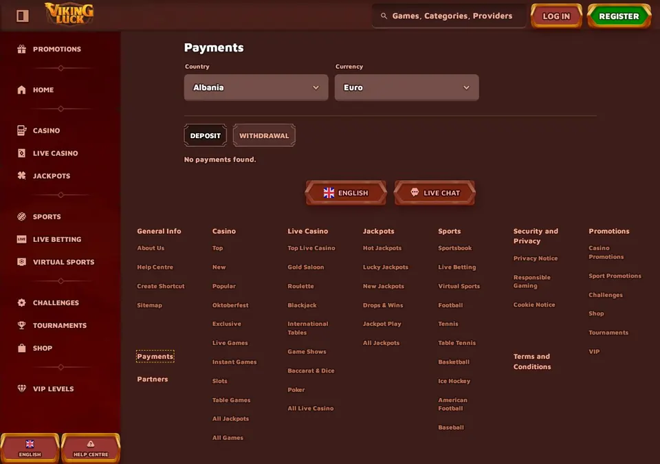 Vikingluck: Kassenseite mit Zahlungsmethoden (Screenshot von vikingluck.com)