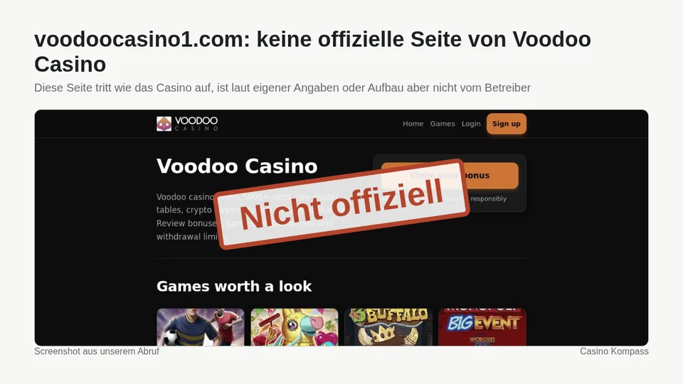 Screenshot von voodoocasino1.com: keine offizielle Seite von Voodoo Casino