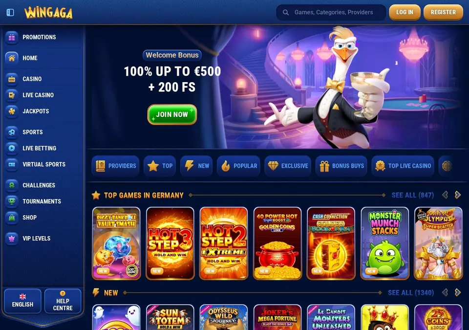 Wingaga: Startseite (Screenshot von wingaga.com)