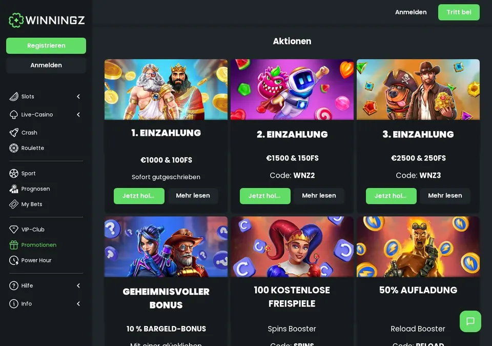 Winningz: Bonusseite (Screenshot von www.winningz.com)