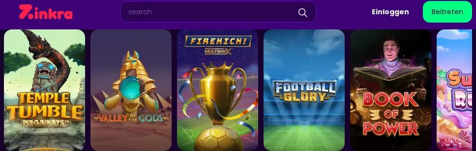 Zinkra Casino: Spielelobby (Screenshot von zinkra.com)